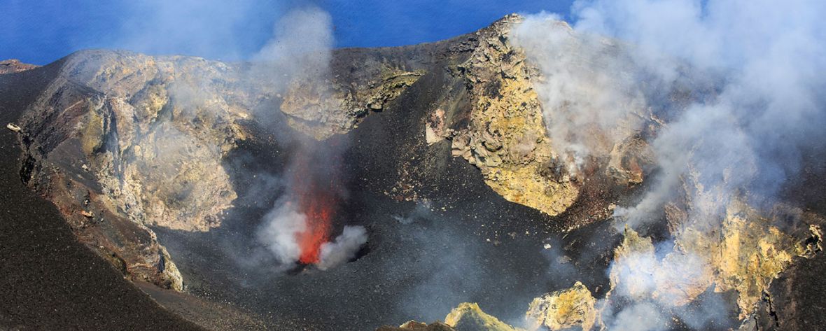 The crater of the volcano on the island of Stromboli The crater of the volcano on the island of Stromboli